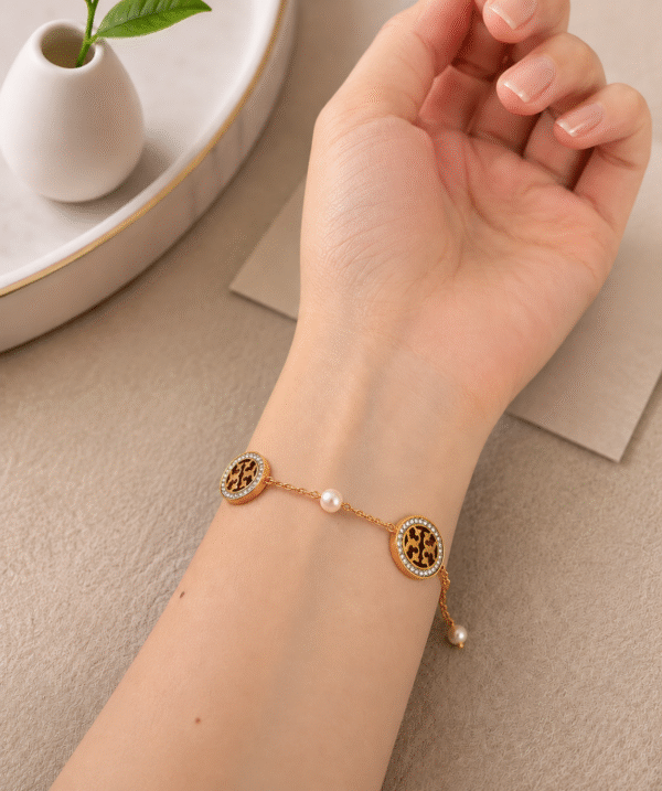 Tory Burch-Inspired Pearl Bracelet – Stainless Steel with Stones
