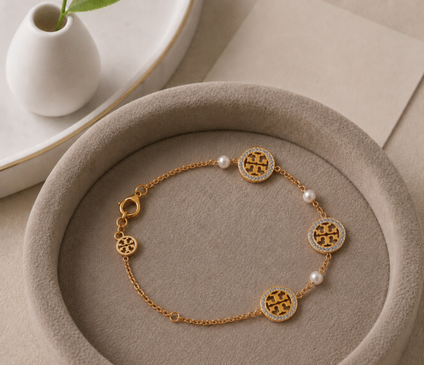 Tory Burch-Inspired Pearl Bracelet – Stainless Steel with Stones