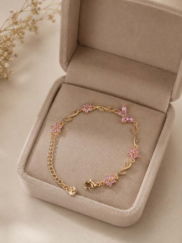 Golden Pink Crystal Butterfly Bracelet
