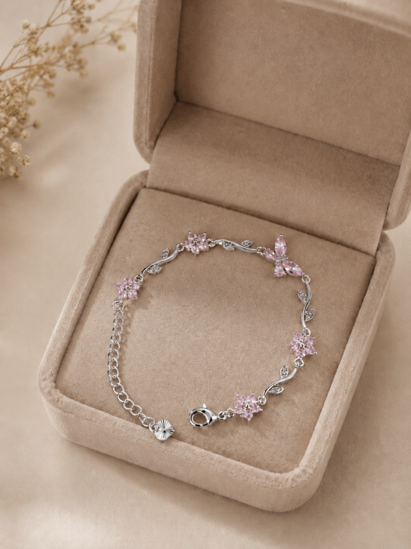 Pink Crystal Butterfly Bracelet (Silver)